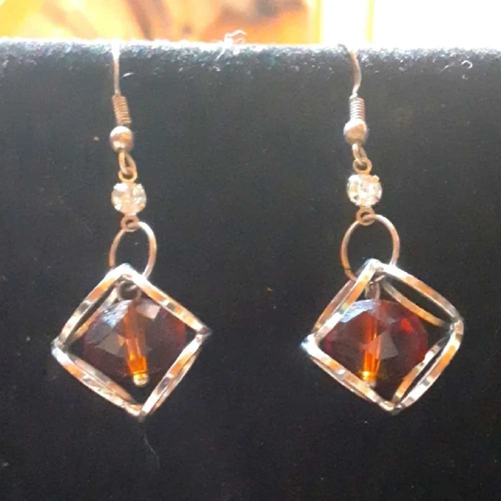 Elegant Silver Tone and Amber Colored Bead Earrings